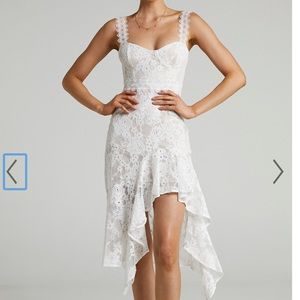 Showpo LEURAH SWEETHEART AYSMMETRIC MIDI DRESS IN WHITE LACE